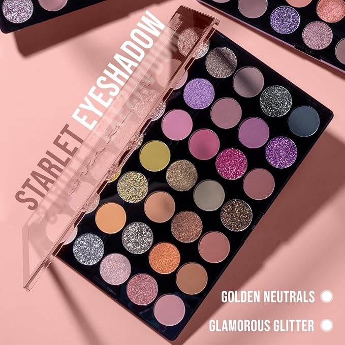 Profusion Cosmetics 35 Shade Starlet Eyeshadow Palette, Multi Finish Golden Neutrals, and Glamorous Glitter Hues for Achieve Stunning Vibrant Eye Looks