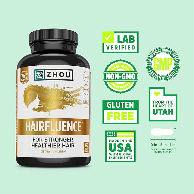 Zhou Hairfluence - Vegan Biotin Supplement for Hair Growth for Men & Women, Lustriva Hair Growth Supplement for Nails & Glowing Skin with B Vitamin Complex & Keranat - 120 Capsules (Pack of 1)