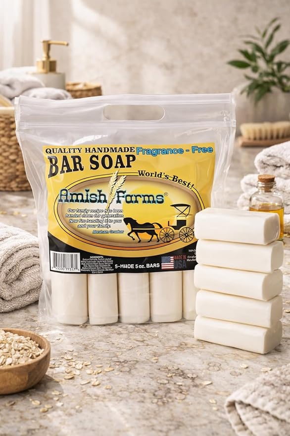 Amish Farms Fragrance-Free Bar Soap Bar w/All Natural Bentonite Clay | Vegan | Made in USA, Moisturizing for Sensitive Skin | Women & Mens Face & Body Bar Soap | 5 Ounce Each (5 Bars)