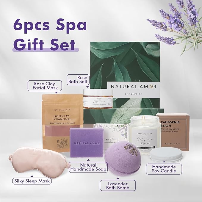 Natural Amor Spa Gift Set for Women – 6-Piece Self Care Gift Box with Handmade Soap, Bath Bomb, Candle & Skincare, Ready-to-Gift Relaxation Set