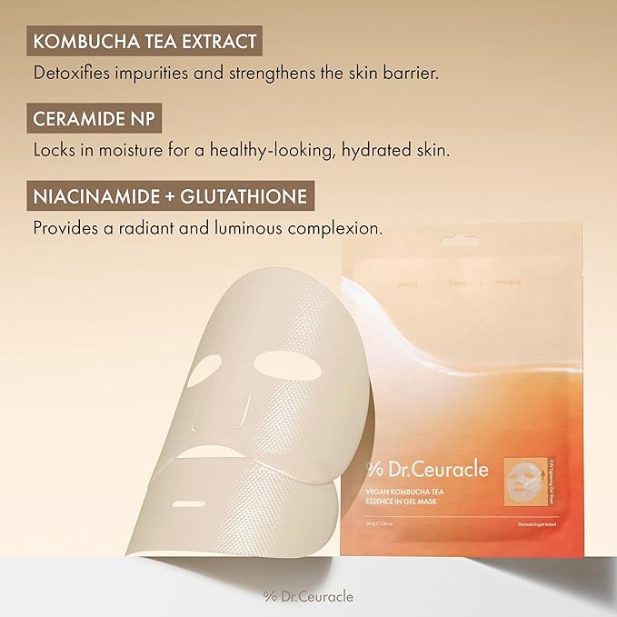 leegeehaam Dr.Ceuracle Vegan Kombucha Tea Essence in Gel Mask - Deep Hydrating Hydrogel Jelly Mask for Glass Glow Skin, Korean Skincare Face Mask (4 Counts (Pack of 1))