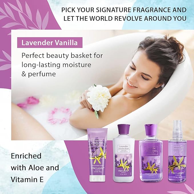 Bath and Body Gift Set, Lavender Vanilla Blush 4-Piece Skincare Collection - Lotion, Shower Gel, Hand and Body Cream, Body Mist, 3 Fl Oz Each, Holiday Gift for Her/Mom/Girlfriend/Sister