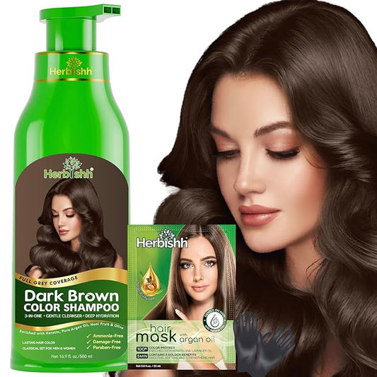 Herbishh Hair Color Shampoo for Gray Hair – Magic Hair Dye Shampoo – Colors Hair in Minutes–Long Lasting–500 Ml–3-In-1 Hair Color for Women & Men –Ammonia-Free (Dark Brown)