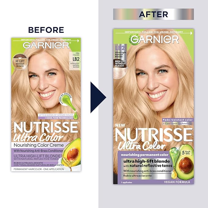 Garnier Hair Color Nutrisse Ultra Color Nourishing Creme, LB2 Ultra Light Natural Blonde (Pina Colada) Permanent Hair Dye, 1 Count (Packaging May Vary)