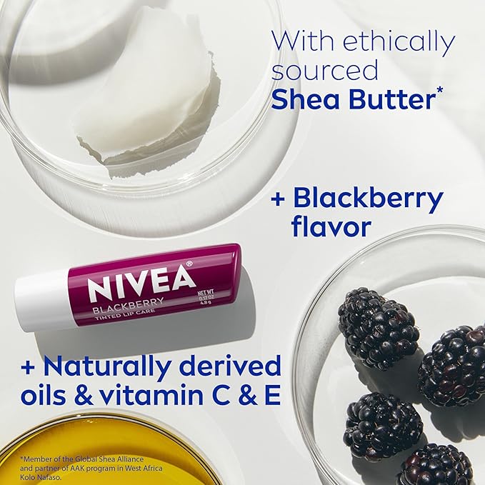 NIVEA Blackberry Lip Care, Tinted Lip Balm with Shea Butter, Nourishing Oils and Vitamin C & E, 3-in-1 Moisture, Repair (for Dry Lips) and Color, 0.17 Oz Stick (Pack of 2)
