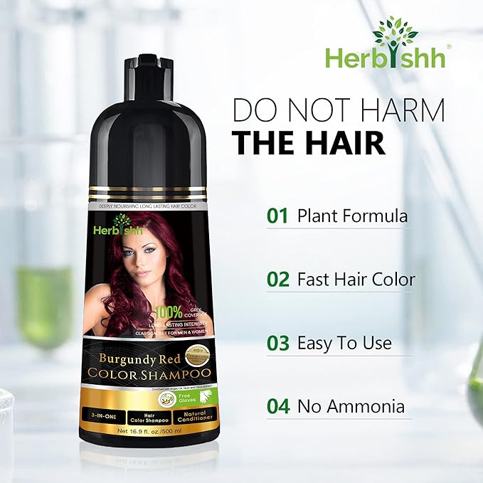 Herbishh Color Shampoo for Gray Hair Coverage (Burgundy) –Hair Dye 3-in-1 Shampoo- Colors in Minutes – Lasts Up To 2-3 Weeks – 500 mL – Ideal for Men & Women