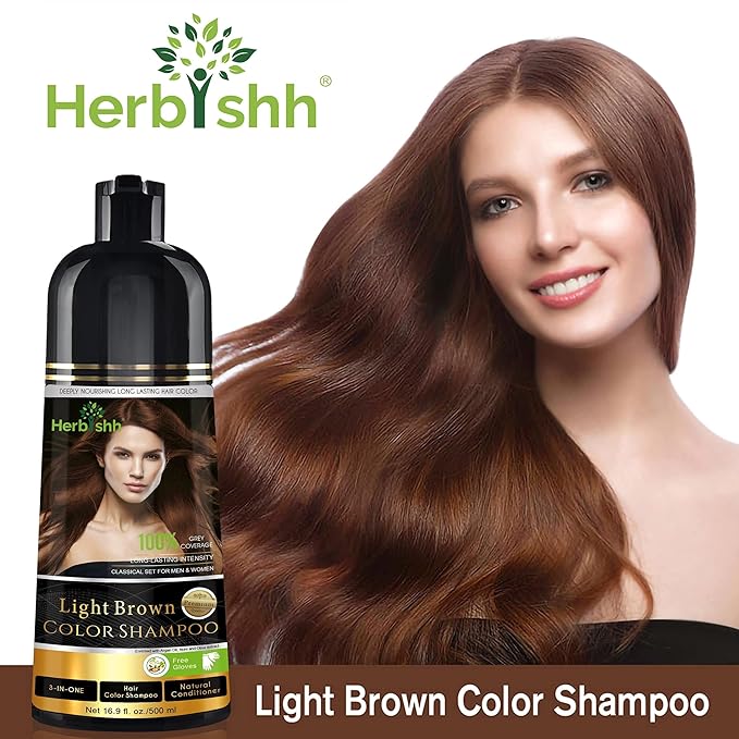 Herbishh Color Shampoo for Gray Hair Coverage (Light Brown) –Hair Dye 3-in-1 Shampoo- Colors in Minutes – Lasts Up To 2-3 Weeks – 500 mL – Ideal for Men & Women