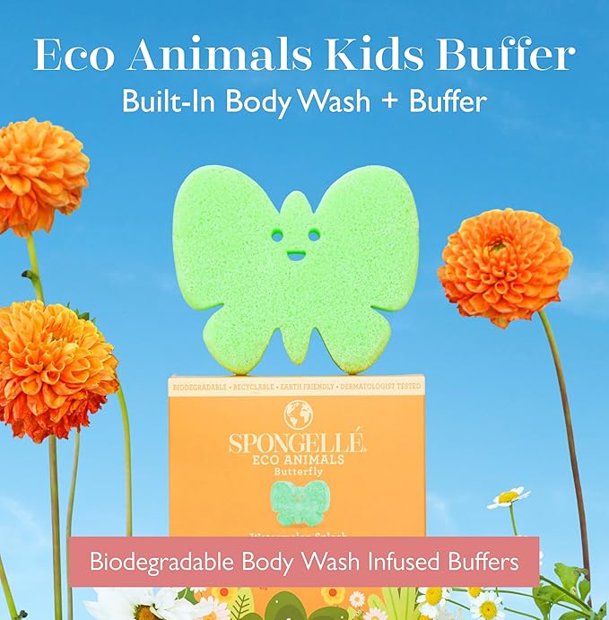 Spongelle Butterfly Eco Collection Animals Kids Buffer Body Scrubber | Bath & Shower Loofah for Kids | Biodegradable, Cruelty-Free, Vegan, Dermatologist-Tested, Made in USA