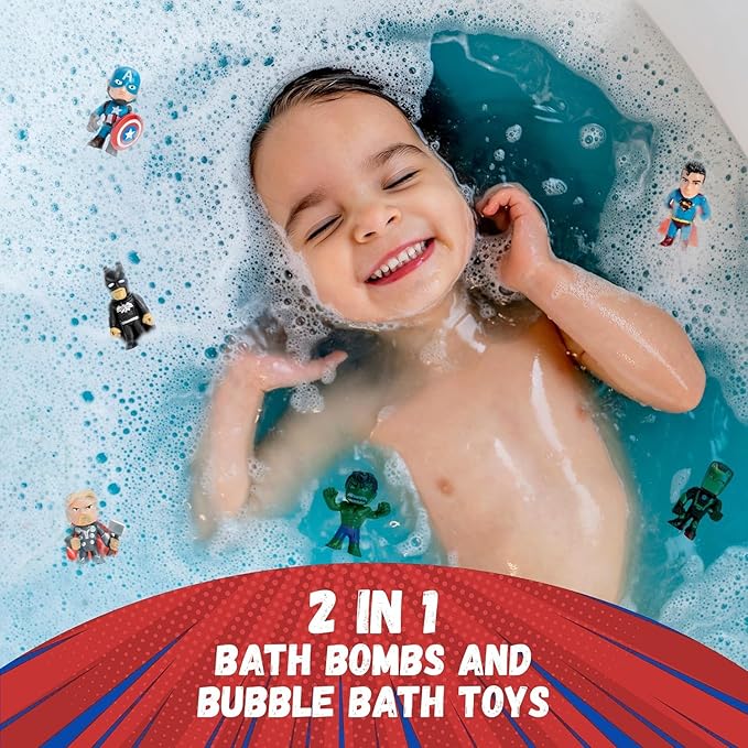 Superhero Bath Bombs for Kids with Surprise Toys Inside (6 Pack) - Large Bubble Bomb Fizzies for Boys, Girls, & Toddlers - Boys Easter Basket Stuffers, Fruity Scents, Made in USA by Two Sisters