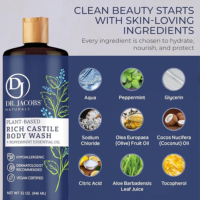 Dr. Jacobs Naturals Castile Peppermint All-Natural Body Wash for Moisturizing Dry and Sensitive Skin with Plant-Based Ingredients with Pump - 32 Ounce