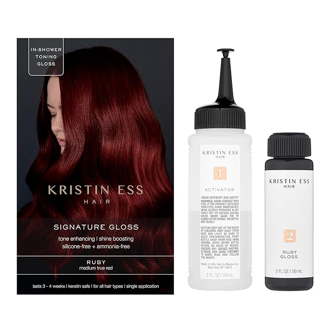 Kristin Ess Hair Gloss in Ruby Medium True Red - 4 Wk Semi Permanent Hair Color for Women - Vivid Red Color Depositing Conditioner & Toner for Vibrant Color + Shine - Hair Dye Glaze - Vegan