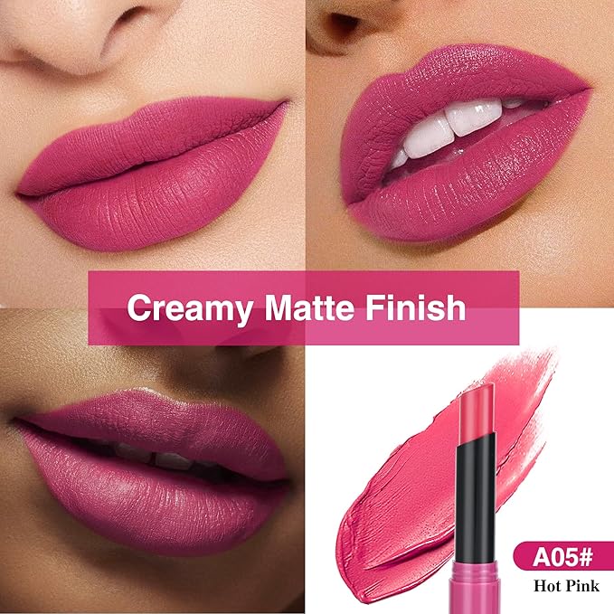 Hot Pink Lipstick for Women，Matte Velvet Satin Lipsticks，Hydrate Lip stick Non-Drying Long Lasting Lip Stain Daily Makeup，Creamy Silky Texture，Highly pigment Formula，Vegan & Cruelty-Free，A05#