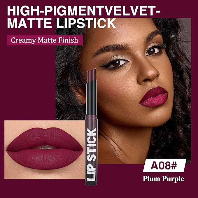 Dark Plum Purple Lipstick for Women，Matte Velvet Satin Lipsticks，Hydrate Lip stick Non-Drying Long Lasting Lip Stain Daily Makeup，Creamy Silky Texture，Highly pigment Formula，Cruelty-Free，A08#