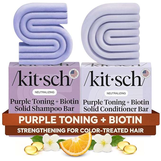 Kitsch Toning Purple Shampoo & Conditioner Bar Set For Blondes & Color Treated Hair - With Biotin for Strengthening & Neutralizing Brassy Tones - Vegan, Silicone & Sulfate Free - Made in USA