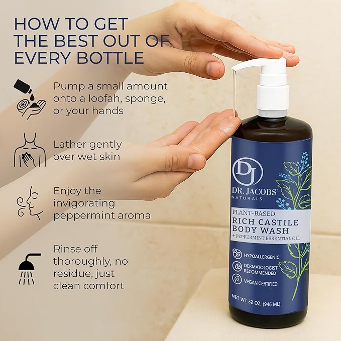 Dr. Jacobs Naturals Castile Peppermint All-Natural Body Wash for Moisturizing Dry and Sensitive Skin with Plant-Based Ingredients with Pump - 32 Ounce