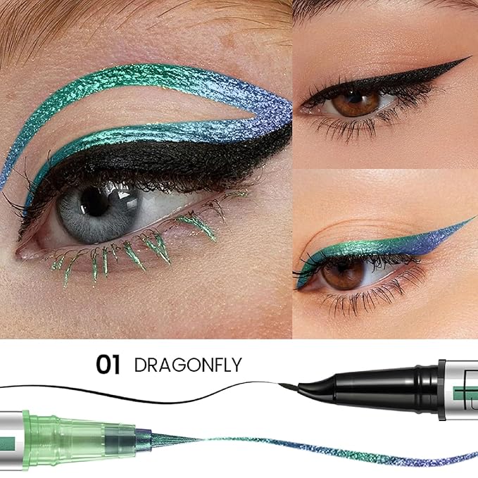 Pudaier Black and Multichrome Waterproof Liquid Eyeliner, Stay All Day Eye Liner Pen with Precise Tips for Women, Smudge-Proof & Transfer-Resistant, Vegan & Cruelty-Free