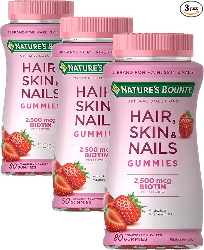 Nature's Bounty Optimal Solutions Hair,Skin & Nails Vitamin Gummies with Biotin,2500 mcg,Strawberry,80 Count (Pack of 3)