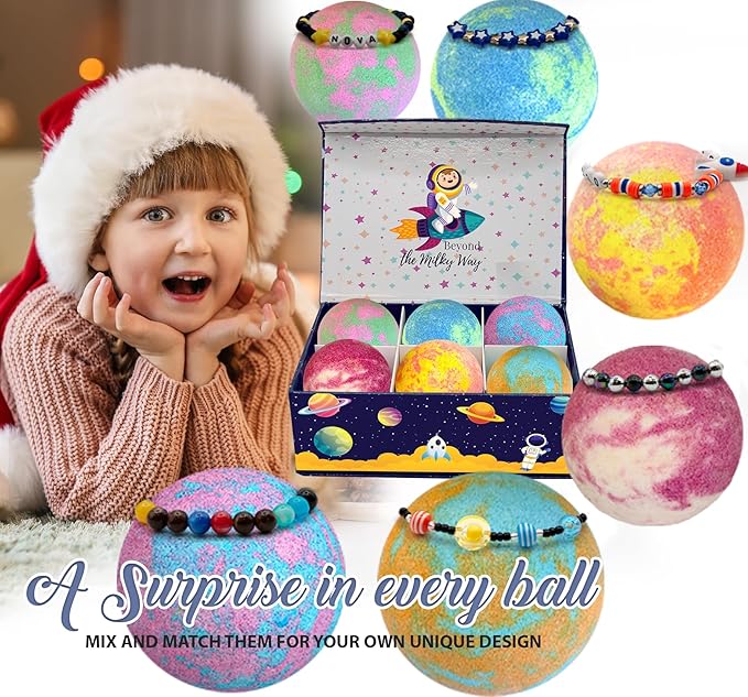 Bath Bombs for Kids with Surprise Inside, Bath Bombs with Surprise Jewelry & Jewelry Box - Organic, Skin Moisturizing, Natural Kids Space Galaxy Bracelets, Easter Basket Essentials for Boys, Girls
