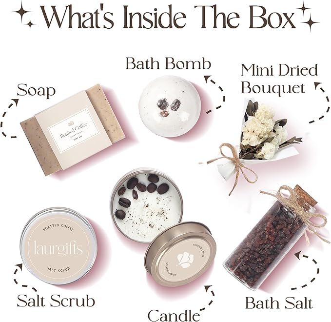 Spa Gift Basket for Women – Small Coffee Scented Candle Set with Bath Bomb & Salt Scrub | Handmade Spa Box Present, Birthday & Housewarming Gift for Her