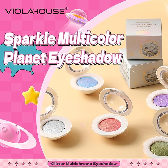 VIOLA HOUSE Glitter Eyeshadow Palette, Holographic Shimmer Eye Shadow,Multichrome Metallic Eye Makeup Pigment, Vegan & Cruelty-Free, Long-Lasting, Unique Planet Design3g/0.1oz(Red Pink)