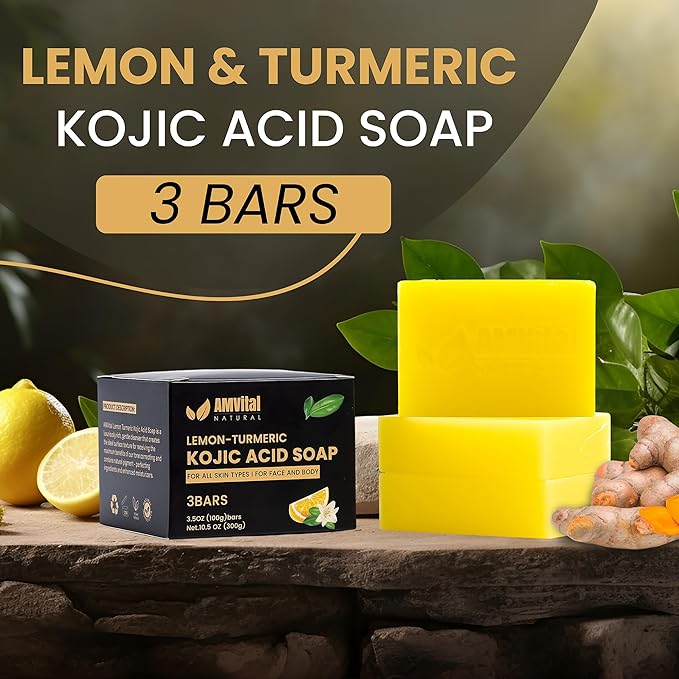 AMVital Lemon Turmeric Kojic Acid Soap Bar - 3-Pack Plant-Based Face & Body Bar Soap - Gentle Daily Soap for All Skin Types - Vegan Skincare Gift for Men & Women