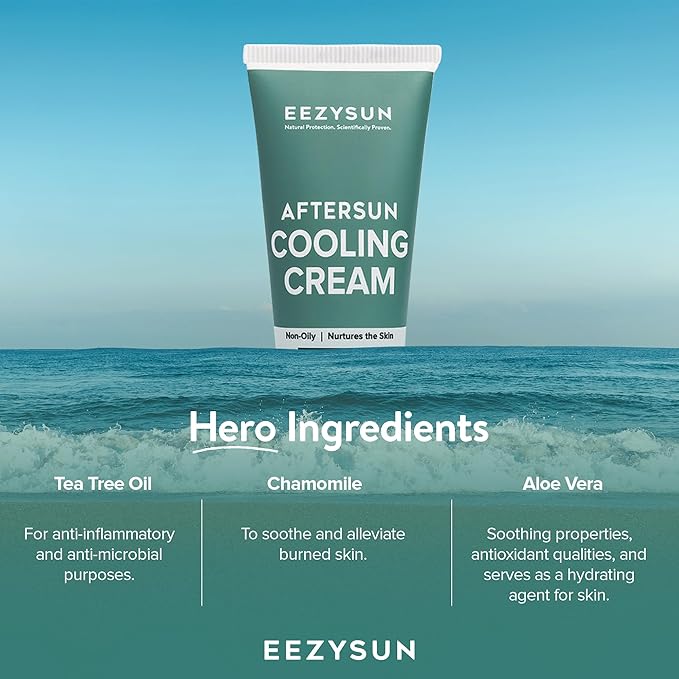AfterSun Cooling Cream - Vegan After Sun Lotion with Aloe Vera, Tea Tree Oil, Chamomile - Soothes, Hydrates Sunburn - Outdoor, Vacation, Beach Essentials, After Sun Skin Care - 3.3 fl oz