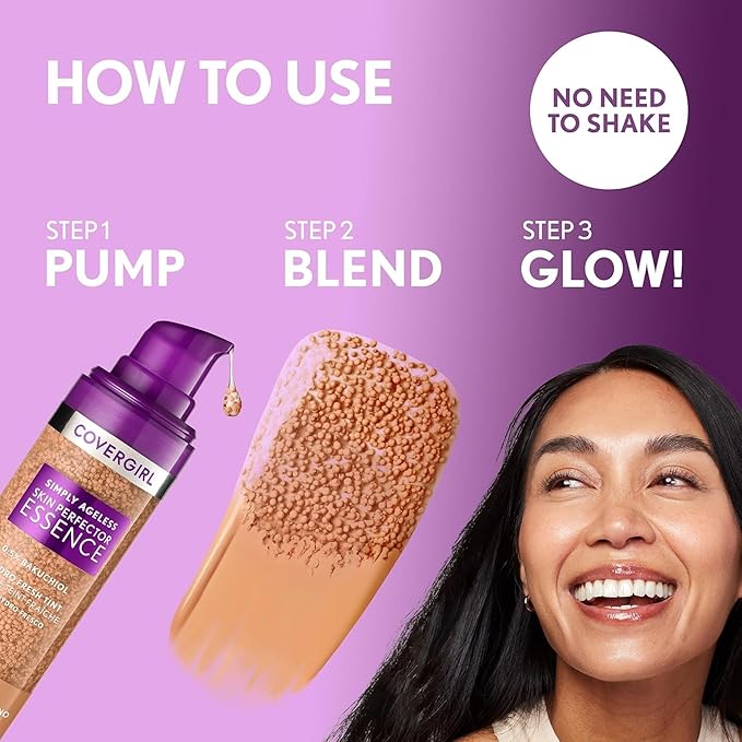 Covergirl Simply Ageless 60 Tan Foundation, Blending Brush - Skincare Makeup with Bakuchiol & Tranexamic Acid, Sheer Tint, 1oz