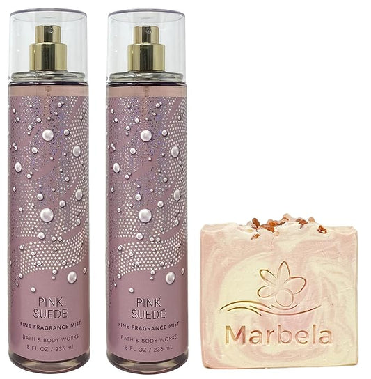 Bath & Body Works Pink Suede Fine Fragrance Mist 2 Pack With a Himalayan Salts Springs Sample Soap.