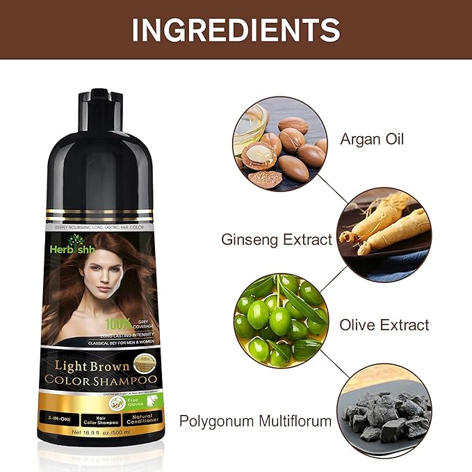 Herbishh Color Shampoo for Gray Hair Coverage (Light Brown) –Hair Dye 3-in-1 Shampoo- Colors in Minutes – Lasts Up To 2-3 Weeks – 500 mL – Ideal for Men & Women