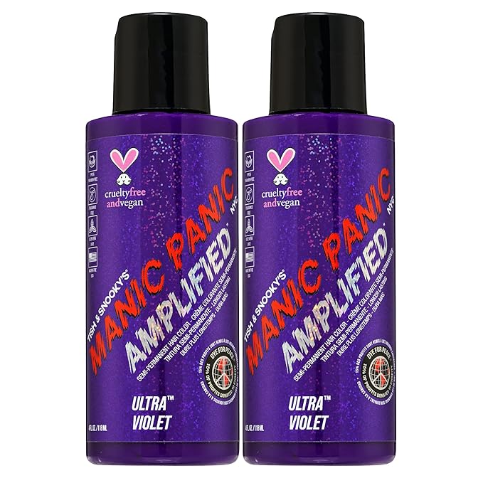 MANIC PANIC Ultra Violet Hair Color - Amplified - (2PK) Semi Permanent Hair Dye - Cool Blue Toned Violet Color - Vegan, PPD & Ammonia Free - For Coloring Hair on Men & Women