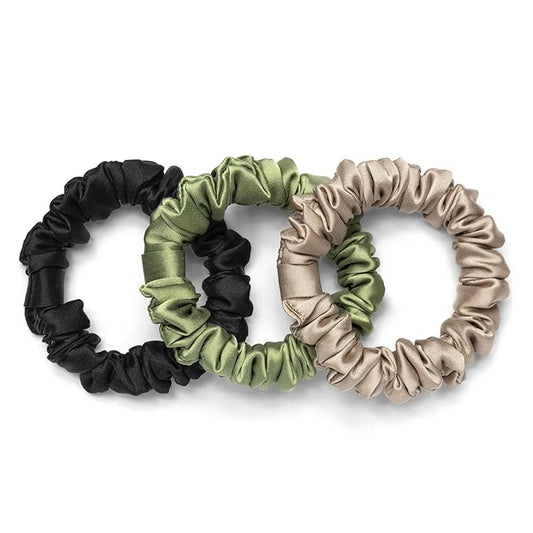 Rizos Curls Vegan Silk Mini Scrunchie - Gente Hold For No Crease and Breakage Protection, Damage & Frizz Free Hair Tie, 3-Pack, Multicolor