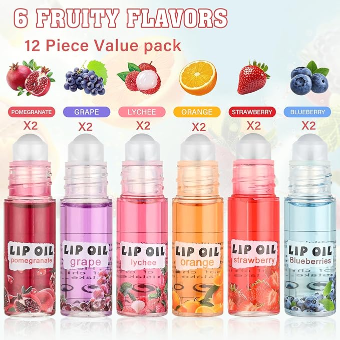 12Pcs Roll On Lip Gloss Set，Mini kids Lip Gloss Fruit Flavored，Moisturizing Lip Oil Make up for Teens and Girls，Hydrating Long Lasting Glossy,Christmas Party Favors Gift，Vegan & Cruelty-Free