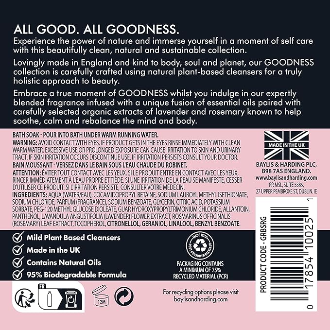 Baylis & Harding Goodness Rose & Geranium Natural Bath Soak 16.9 fl. oz (Pack of 3) - Biodegradable Formula - Vegan Friendly