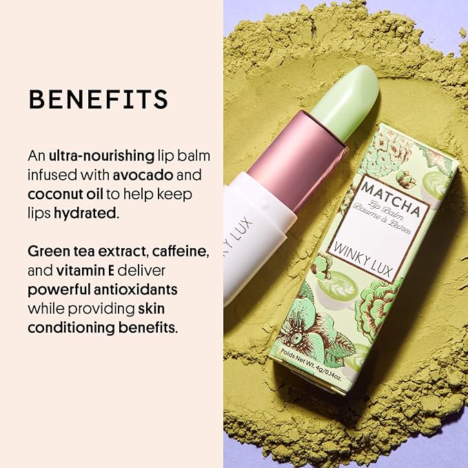 Winky Lux Matcha Lip Balm, Ultra-Moisturizing Clear Lip Treatment with Green Tea Extract, Caffeine, Avocado & Coconut Oils and Vitamin E, Clean Beauty, Cruelty-Free, Vegan, Vanilla–Green Tea Scent