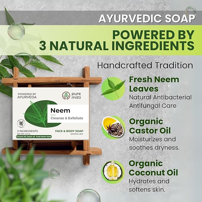 Neem Face, Body Bar Soap 4.5 oz, 5 Pack | Ayurvedic Exfoliating, Cleansing Bar with Coconut Oil, Castor Oil | Gentle Bath Soaps for Face Wash, Body Wash | Soft Soap for Daily Use, All Skins