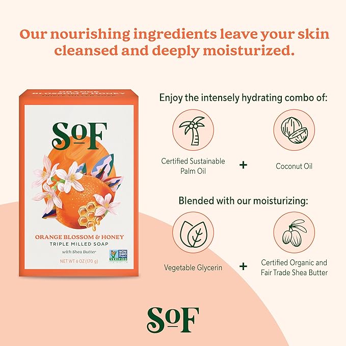 SoF Triple Milled Bar Soap - With Coconut Oil & Organic Shea Butter- Vegan & Non GMO- Free From Phthalates, Sulfates & Parabens- Orange Blossom & Honey - 6 oz Bar 6 Bars