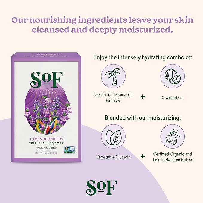 SoF Triple Milled Bar Soap - With Coconut Oil & Organic Shea Butter- Vegan & Non GMO- Free From Phthalates, Sulfates & Parabens- Lavender Fields - 6 oz Bar 6 Bars