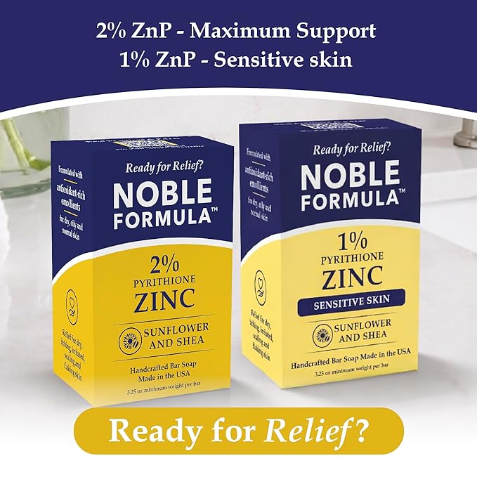 Noble Formula 2% Pyrithione Zinc Soap Bar with Sunflower Oil & Shea Butter – Face, Body & Scalp Cleansing Bar for Dry & Problem-Prone Skin - No Palm Oil, Vegan Formula, Handmade in the USA, 3.25 oz