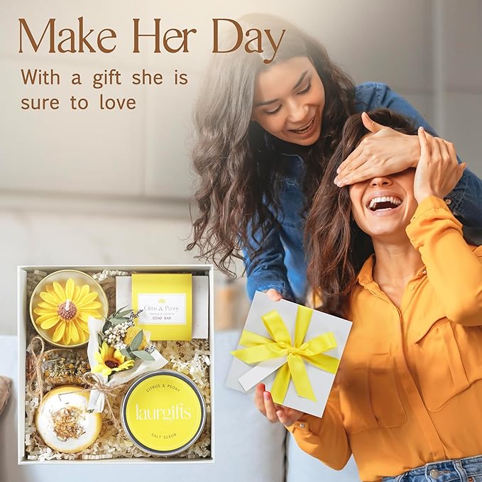Birthday Gifts for Women – Yellow Sunshine Spa Gift Box, Luxury Bath & Self Care Package with Citrus & Peony Scent for Mom, Sister or Friend