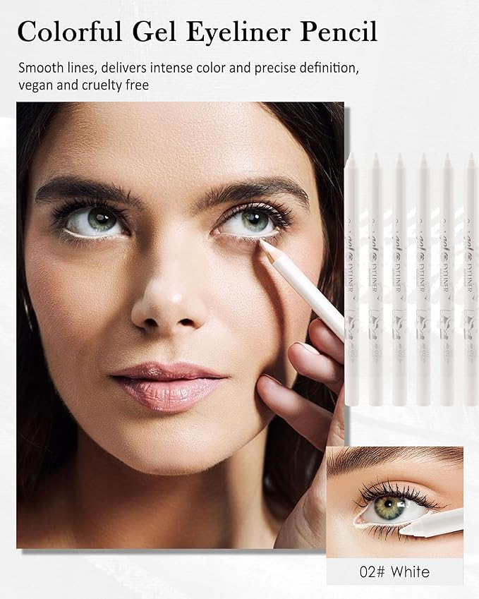 6Pcs White Eyeliner for Waterline, Cream Gel Eyeliner Waterline Waterproof Smudge-Proof Eye Liner Pencils, Matte Rich Colored Eye Brightener Pen for Sensitive Eyes, Multi-Use Makeup with Sharpener