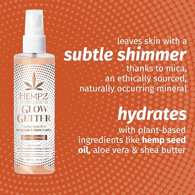 Hempz NEW Glow Getter Hydrating Body Mist, Perfume Shimmer Spray with sparkle 4.22 oz.