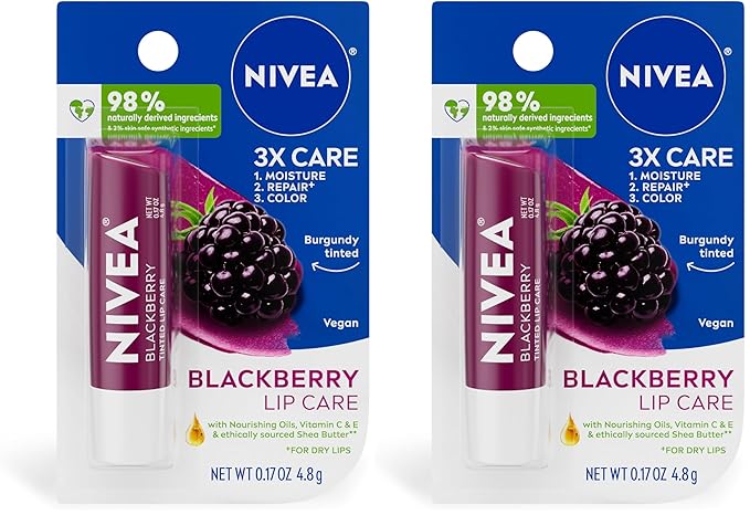NIVEA Blackberry Lip Care, Tinted Lip Balm with Shea Butter, Nourishing Oils and Vitamin C & E, 3-in-1 Moisture, Repair (for Dry Lips) and Color, 0.17 Oz Stick (Pack of 2)