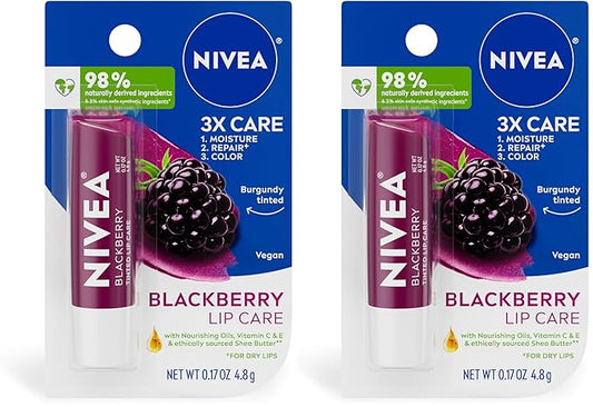 NIVEA Blackberry Lip Care, Tinted Lip Balm with Shea Butter, Nourishing Oils and Vitamin C & E, 3-in-1 Moisture, Repair (for Dry Lips) and Color, 0.17 Oz Stick (Pack of 2)