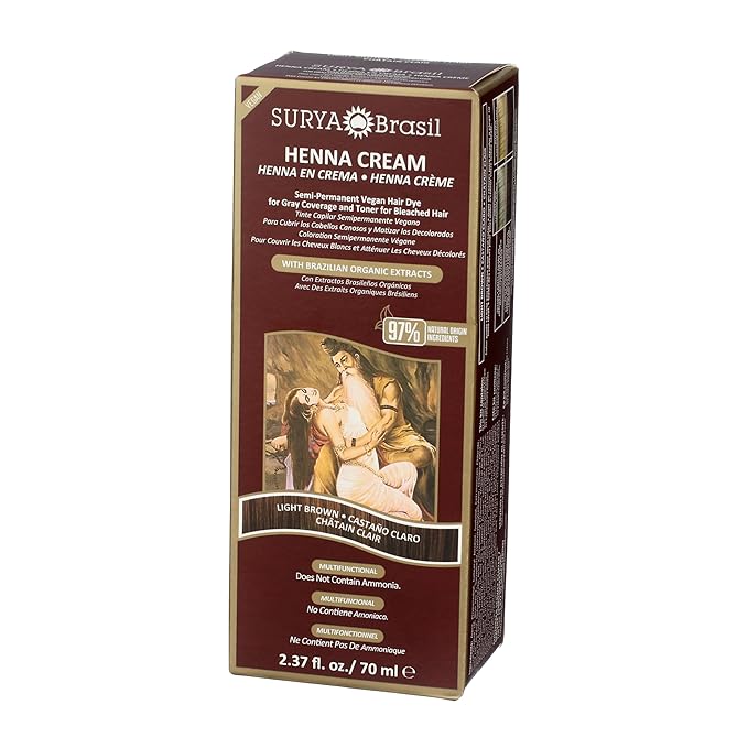 Surya Brasil Light Brown Natural Henna Cream Hair Color Treatment for Gray Hair Coverage, Deep Conditioning Semi Permanent Hair Dye, 2.37 oz / 70 ml