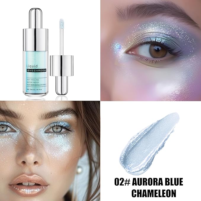 Aurora Blue Chameleon Shimmer Liquid Eyeshadow, Longwear Waterproof Lightweight Eye Shadow Cream,Buildable Blendable Eye Makeup,Vegan Cruelty-Free Paraben-Free for Older Women Stage makeup 02#
