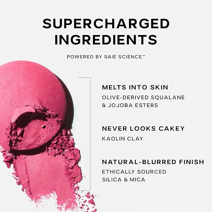Saie SuperSuede Baked Blush - Talc-Free Powder Blush for Cheeks Infused with Hyaluronic Acid, Glycerin + Squalane - Hydrating Face Makeup for a Natural, Diffused Flush of Color - Mia (0.1 Ounce)