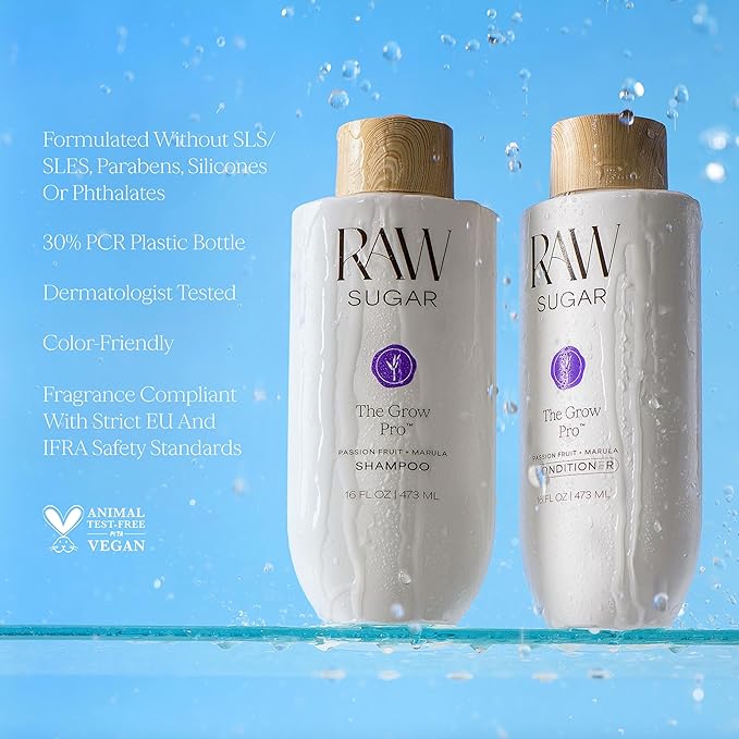 Raw Sugar Grow Pro Hair Care Bundle- Shampoo & Conditioner with Vegan Biotin for Anti-Thinning & Pro-Lengthening, Passion Fruit & Marula for Fuller Hair, Formulated without SLS/SLES or Parabens