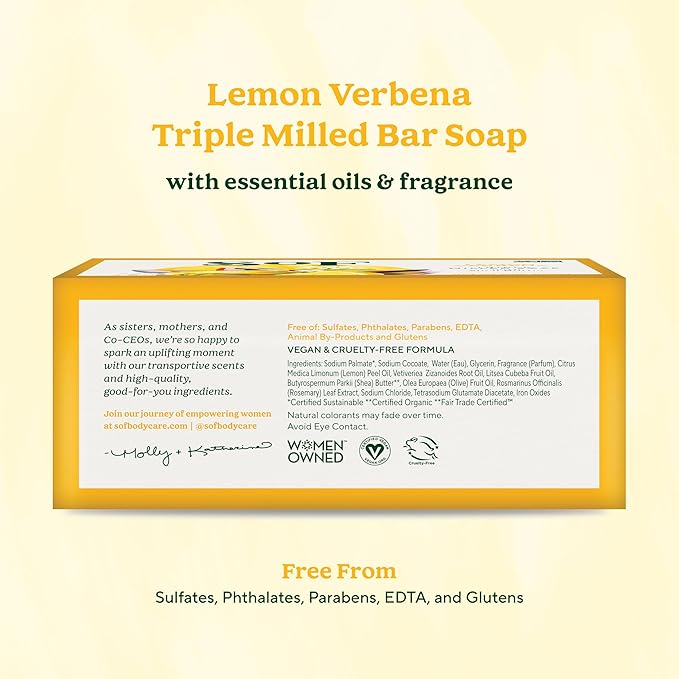 SoF Triple Milled Bar Soap - With Coconut Oil & Organic Shea Butter- Vegan & Non GMO- Free From Phthalates, Sulfates & Parabens- Lemon Verbena - 6 oz Bar 6 Bars
