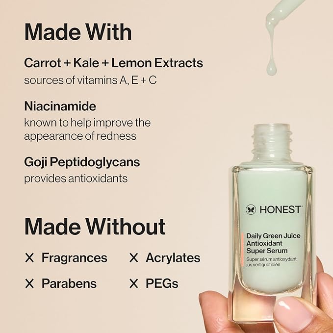 Honest Beauty Daily Green Juice Antioxidant Super Serum, Improves Skin Tone Texture, Gentle for Sensitive Skin, Fragrance-Free Vegan, 1 fl oz