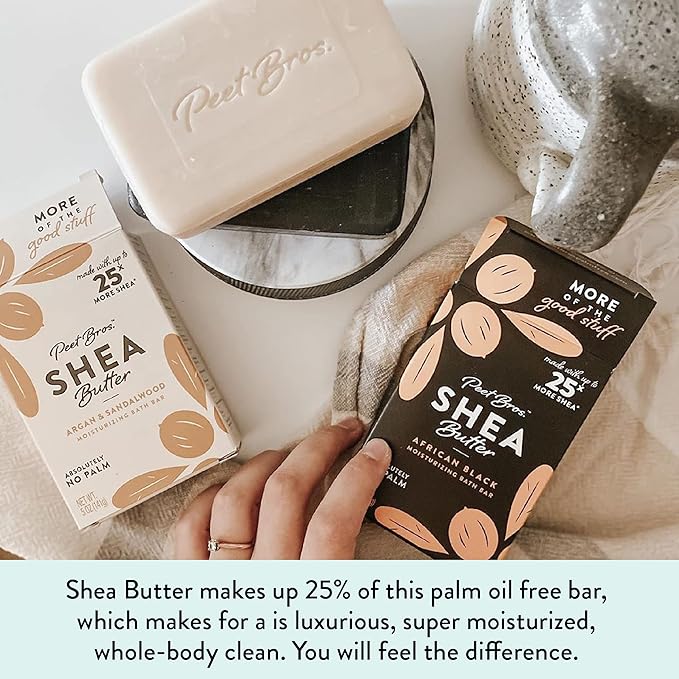 Peet Bros. Shea Butter Bar Soap - Unscented Moisturizing Soap Bar - Vegan, Palm Oil-Free Soap Bar - Up to 25x More Shea Butter - Fragrance Free Soap - Made in USA - 5 oz - Pack of 6